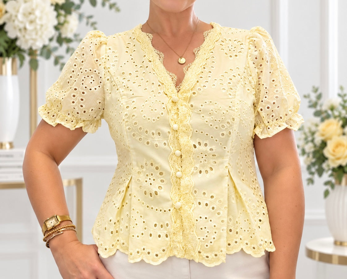 Dahlia yellow broderie anglaise top – Kleur & Co.