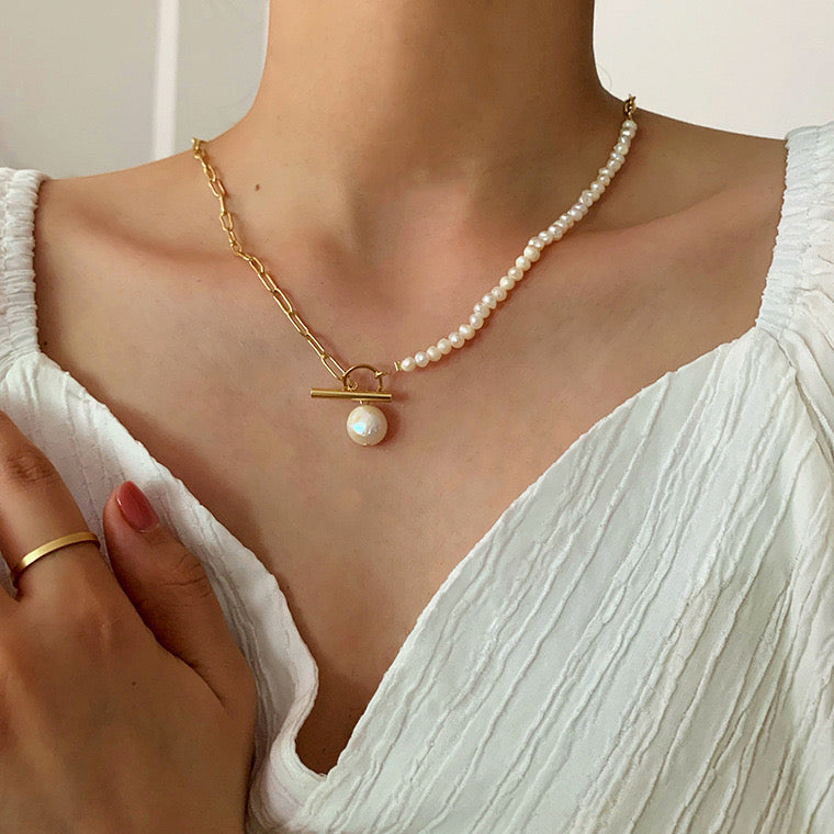 Camille baroque pearl necklace styled on model