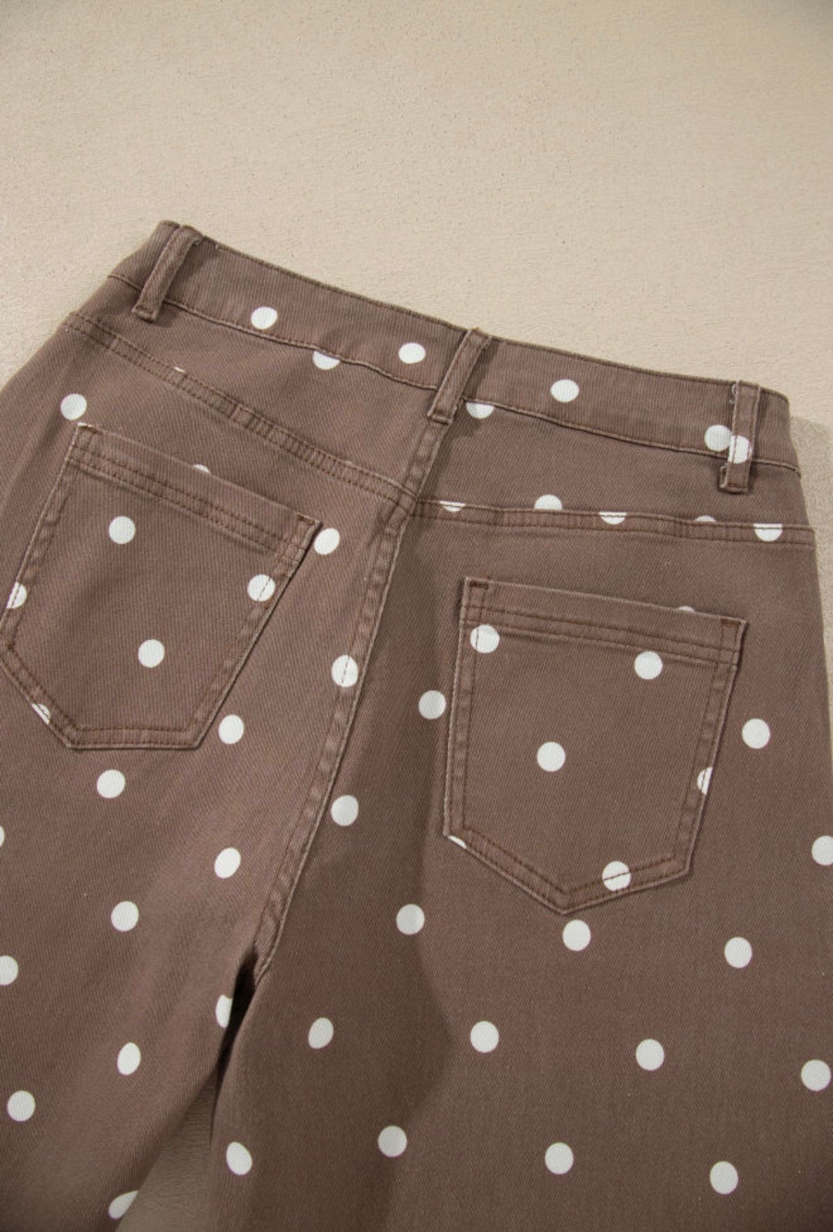 Cocoa brown polka dot barrel jean back detail