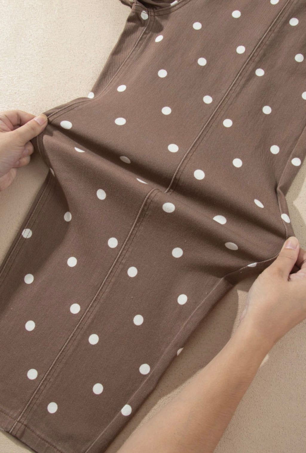 Cocoa brown polka dot barrel jean fabric detail