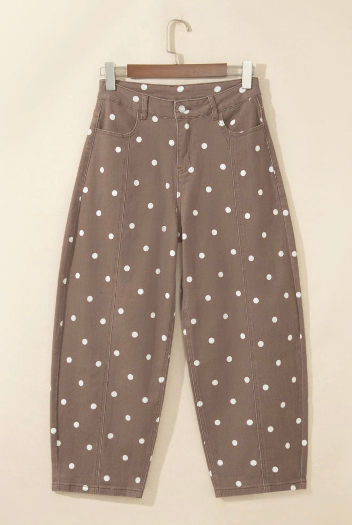 Cocoa brown polka dot barrel jean front
