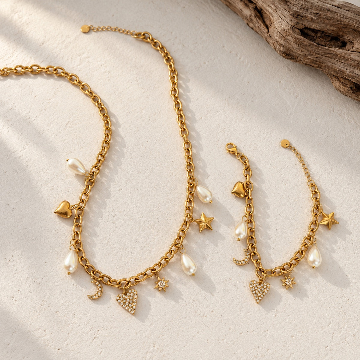 Étoile charm necklace and bracelet set in gold tone