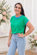 Ivy Contrast Knit Top in green with blue trim – Kleur & Co.