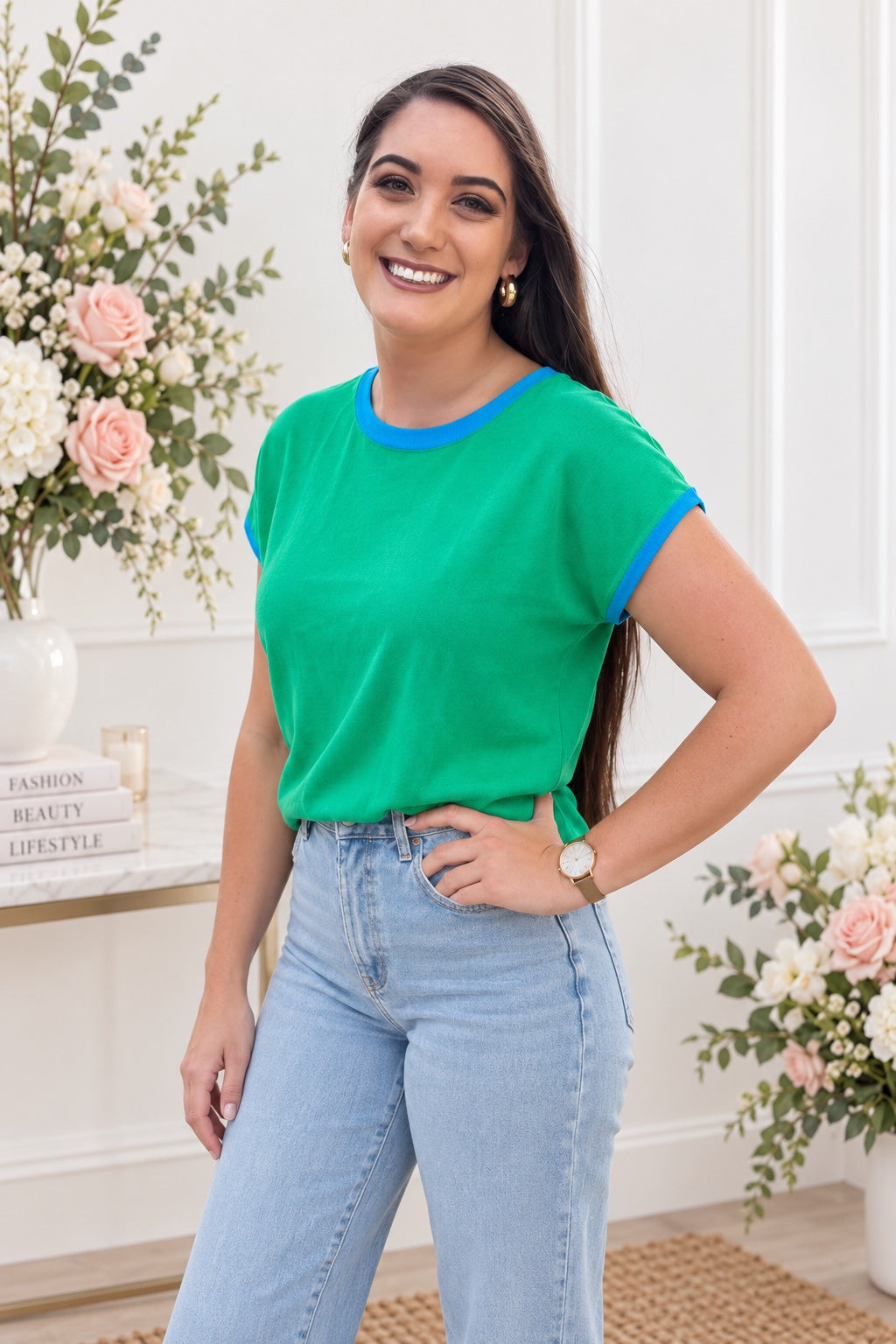 Ivy Contrast Knit Top in green with blue trim – Kleur & Co.