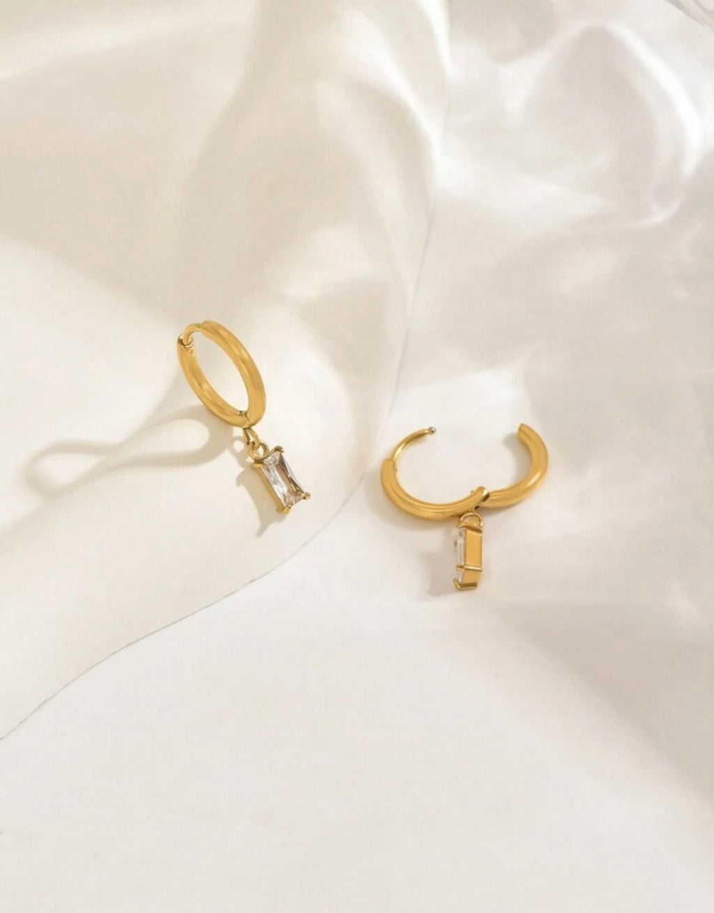 Juliette CZ Drop Earrings – gold-tone stainless steel drop earrings with rectangular cubic zirconia