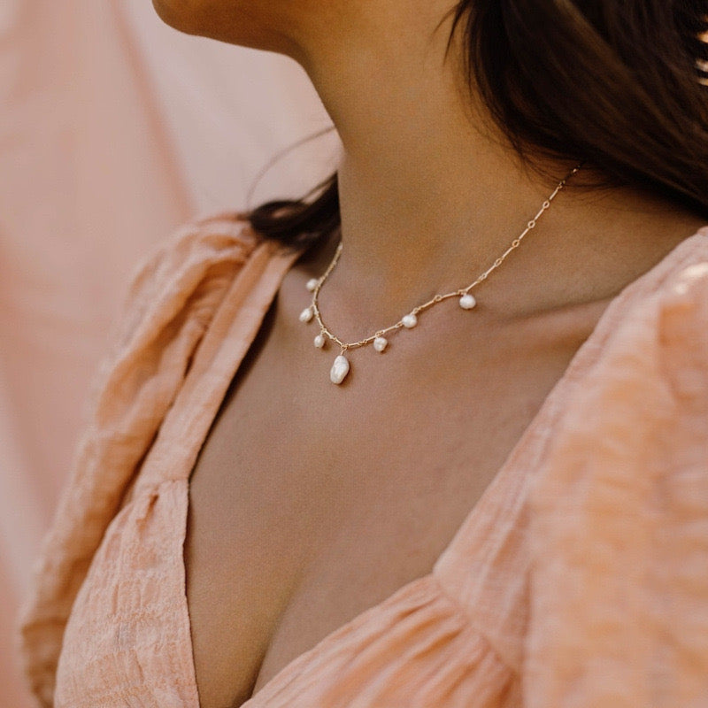 Margaux freshwater pearl necklace styled on model