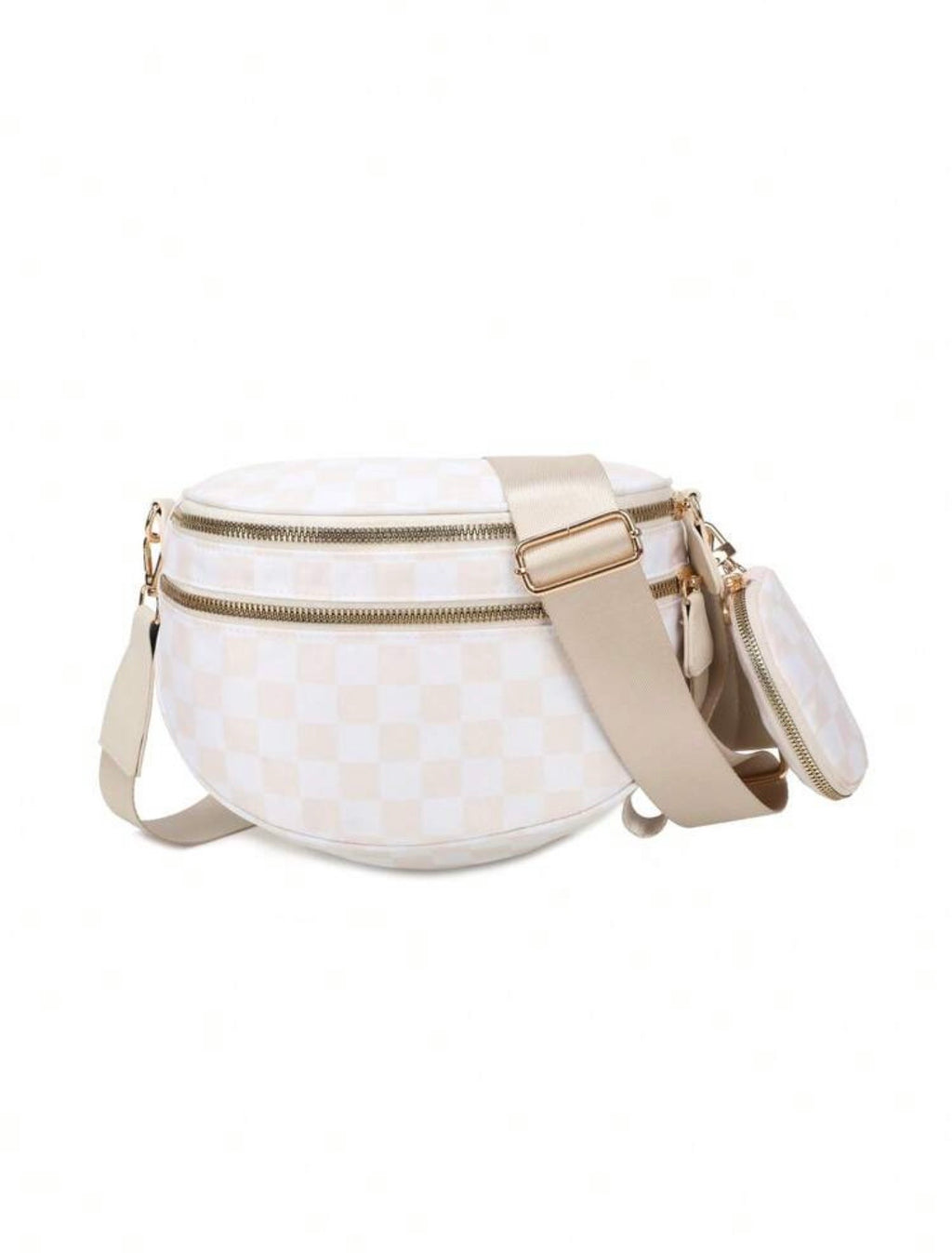 Mila Checkered Crossbody Bag in beige checker print, side view