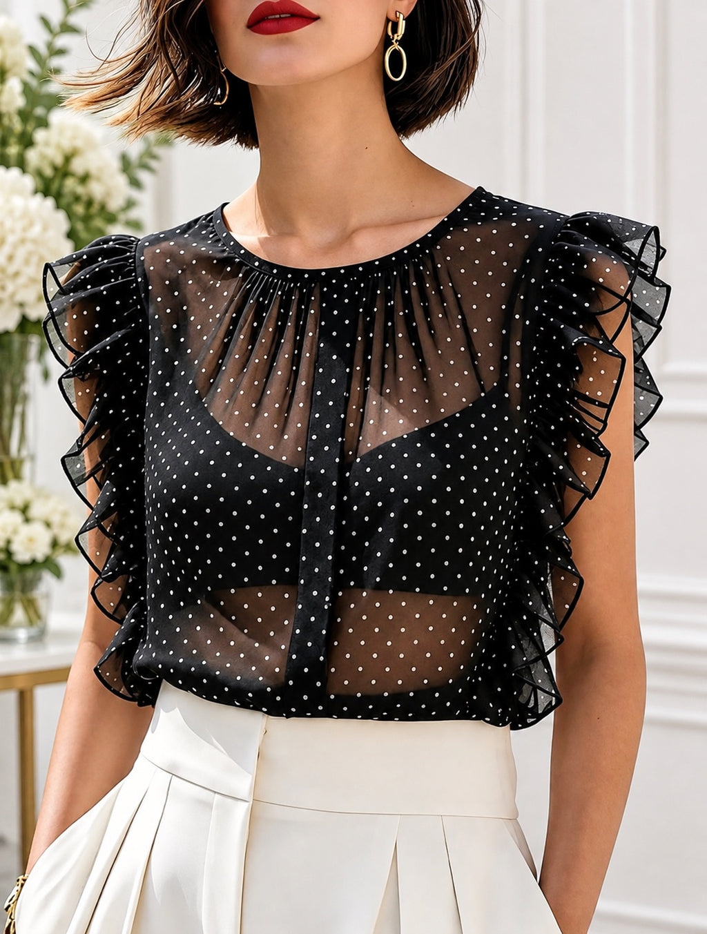 Odette Polka Dot Ruffle Top front detail