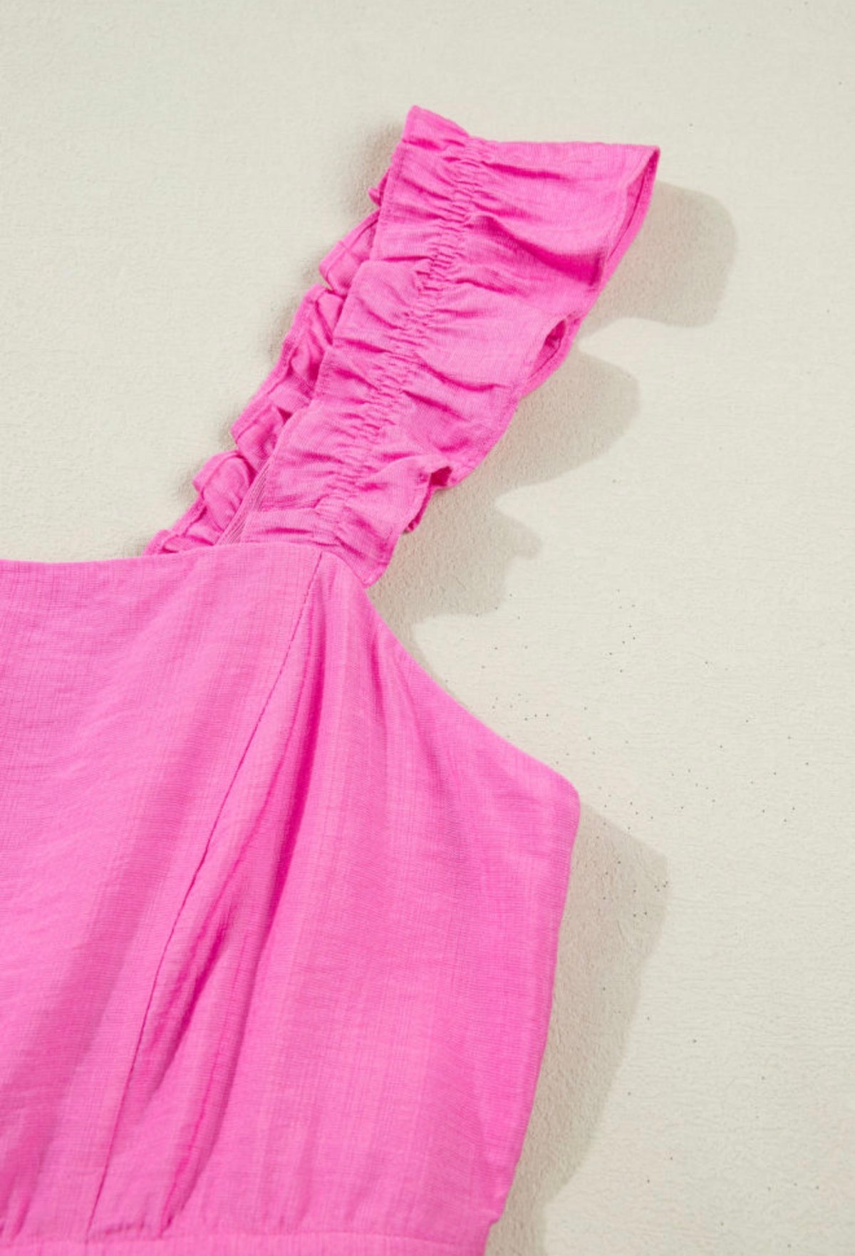 Peony Pink Maxi Dress ruffle shoulder strap detail