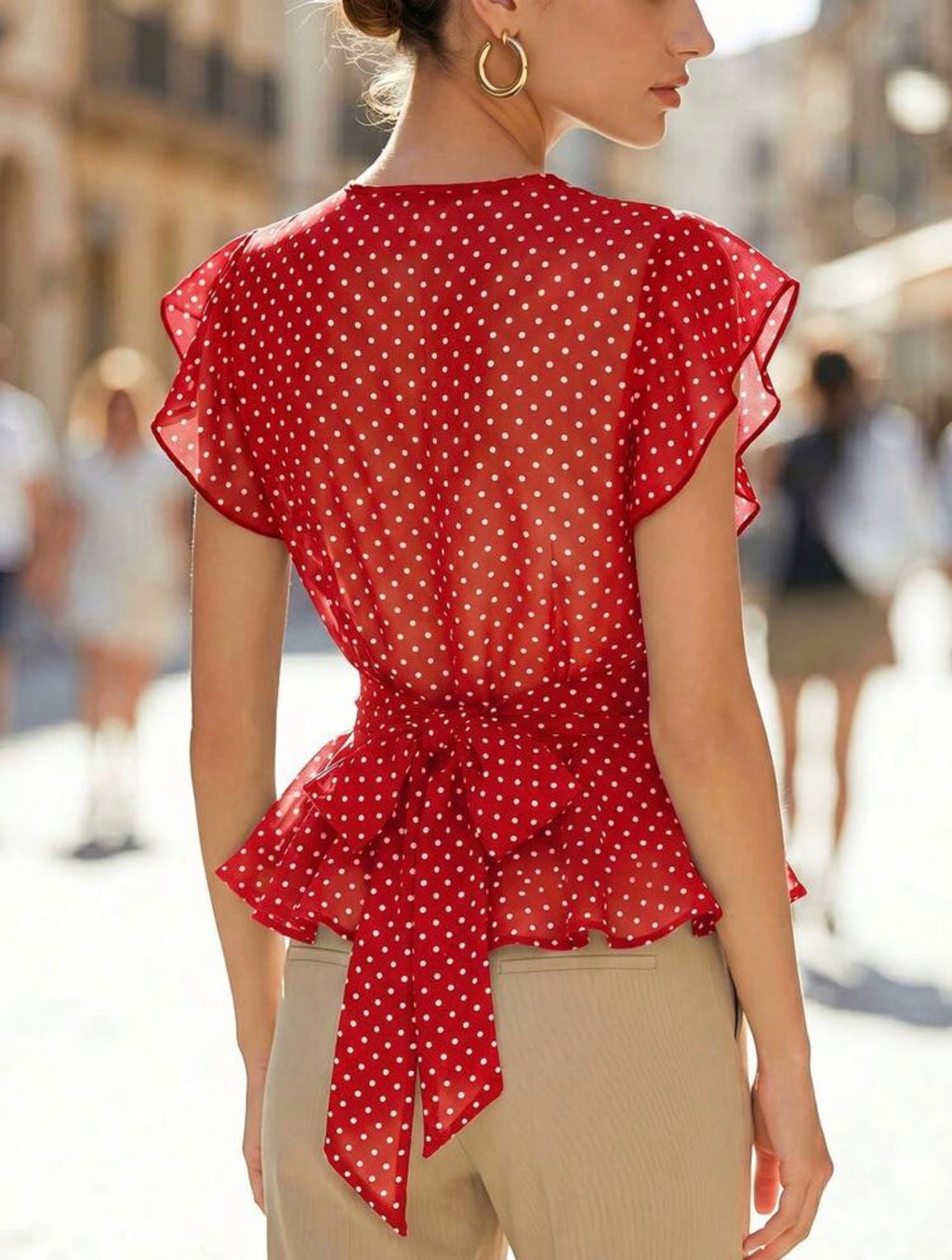 Ruby red polka dot wrap top back