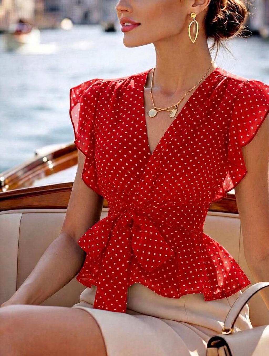 Ruby red polka dot wrap top front