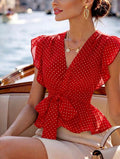 Ruby red polka dot wrap top front