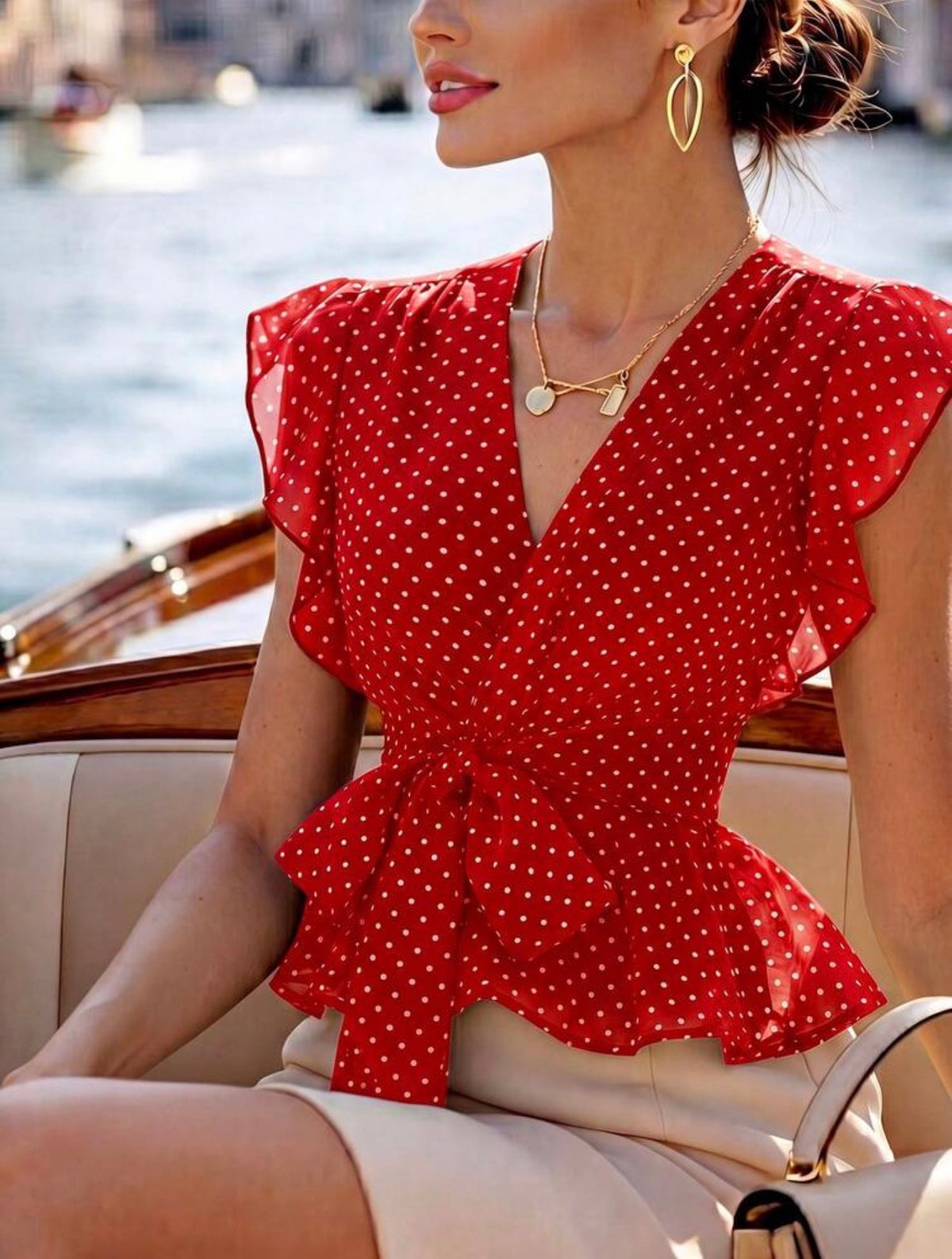 Ruby red polka dot wrap top front